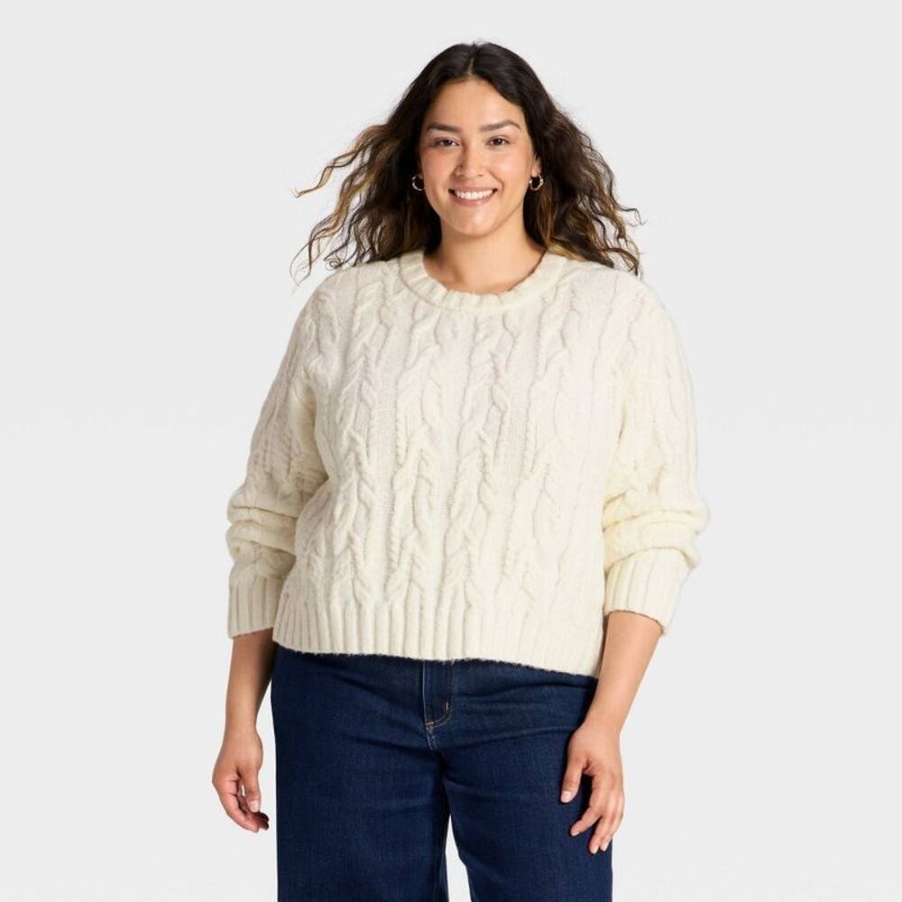 Women's Cozy Cable Crewneck Pullover Sweater - Universal Thread Cream XXL